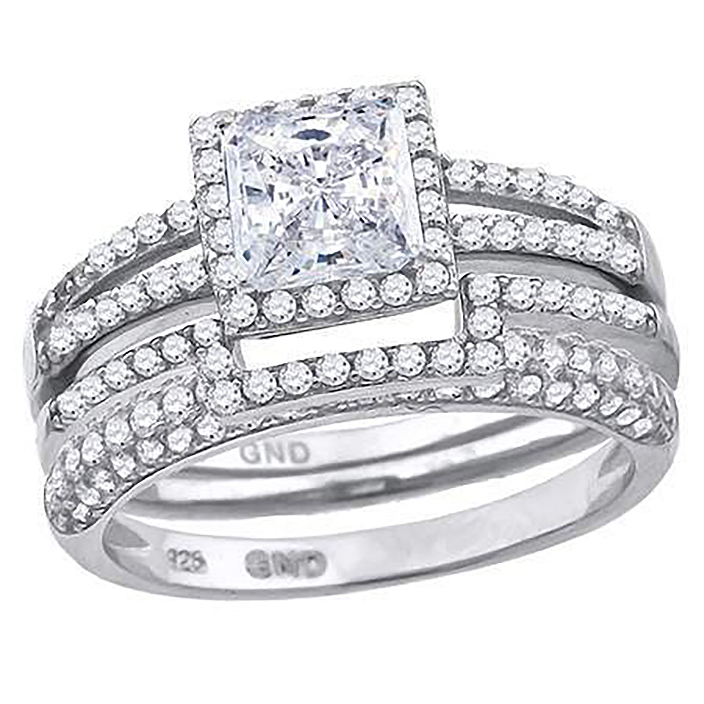 Sterling Silver Cubic Zirconia Halo Bridal Anniversary Engagement Wedding Trio Set Ring