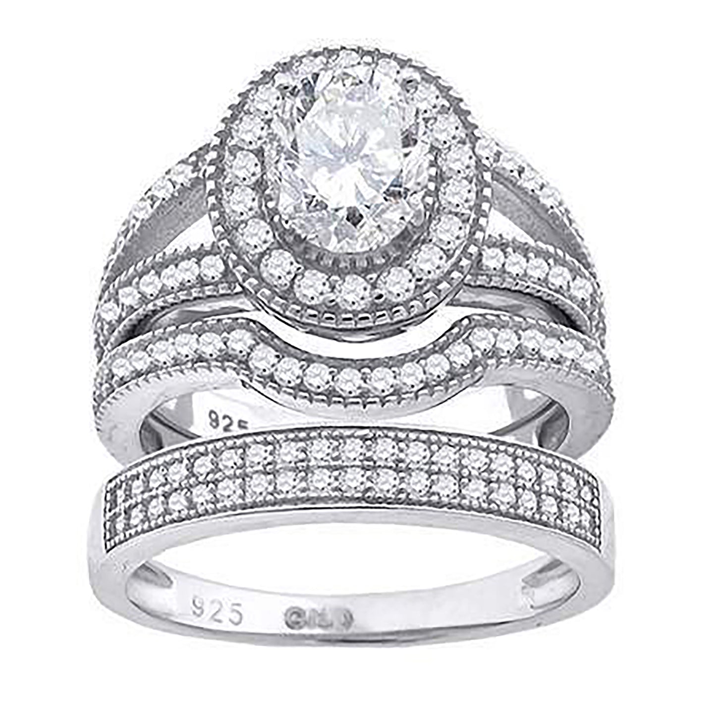 Sterling Silver Cubic Zirconia Halo Trio Bridal Anniversary Wedding Engagement Band Ring Set