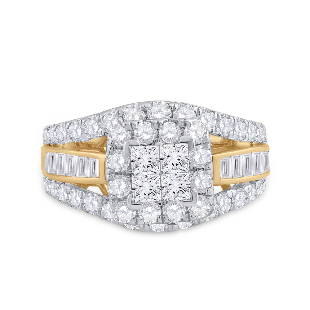 14K Yellow Gold Princess Diamond Cluster Bridal Wedding Engagement Ring 2 Cttw, Womens Size: 5-10