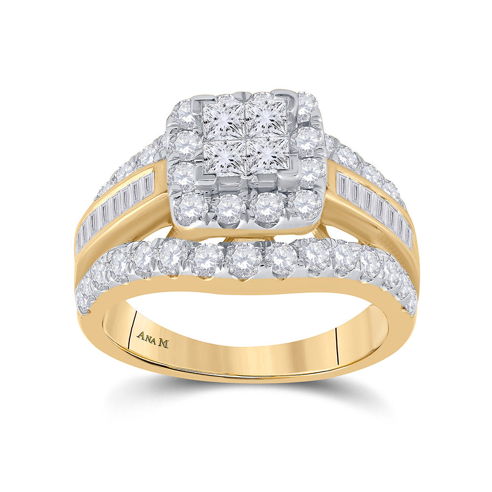 14K Yellow Gold Princess Diamond Cluster Bridal Wedding Engagement Ring 2 Cttw, Womens Size: 5-10