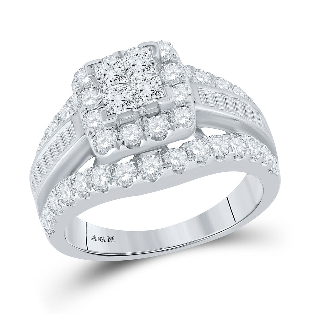 14K White Gold Princess Diamond Cluster Bridal Wedding Engagement Ring 2 Cttw, Womens Size: 5-10