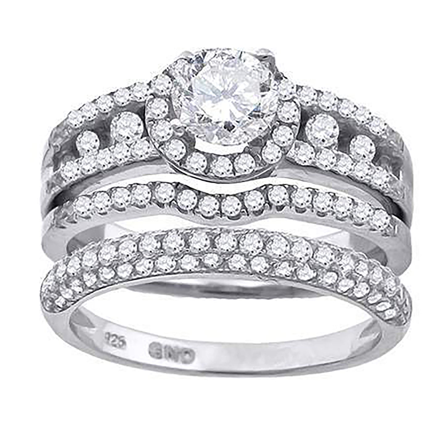 Sterling Silver Cubic Zirconia Halo Trio Bridal Anniversary Wedding Engagement Band Ring Set