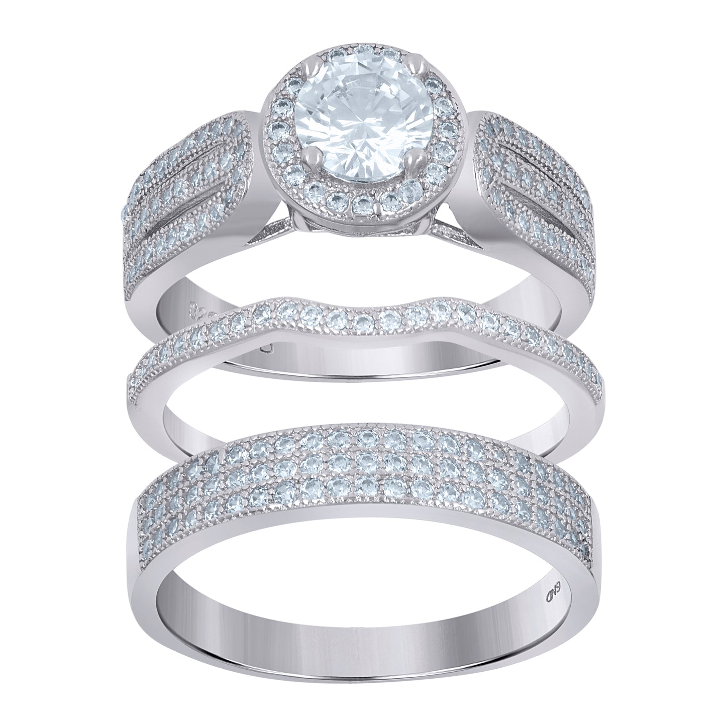 Sterling Silver Cubic Zirconia Halo Trio Bridal Anniversary Wedding Engagement Band Ring Set