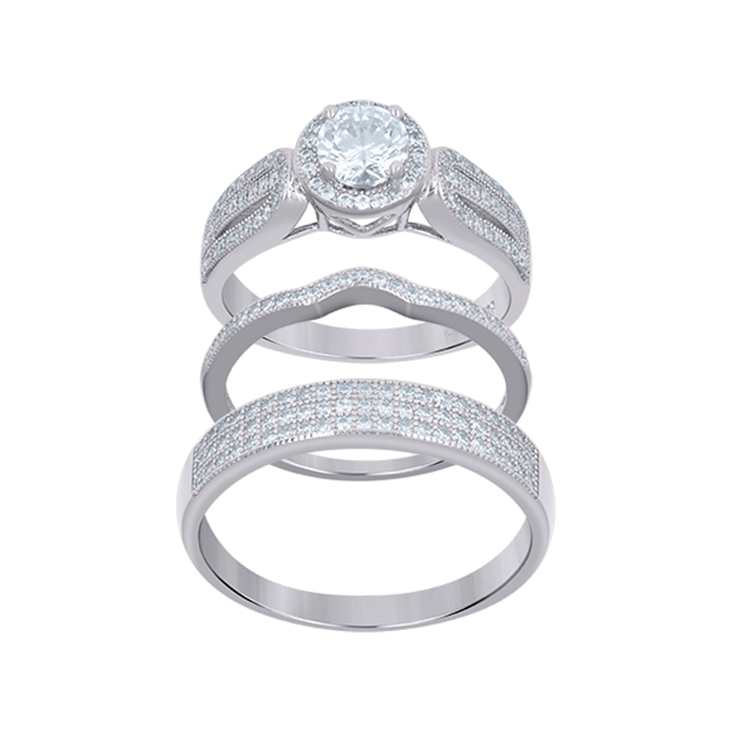 Sterling Silver Cubic Zirconia Halo Trio Bridal Anniversary Wedding Engagement Band Ring Set