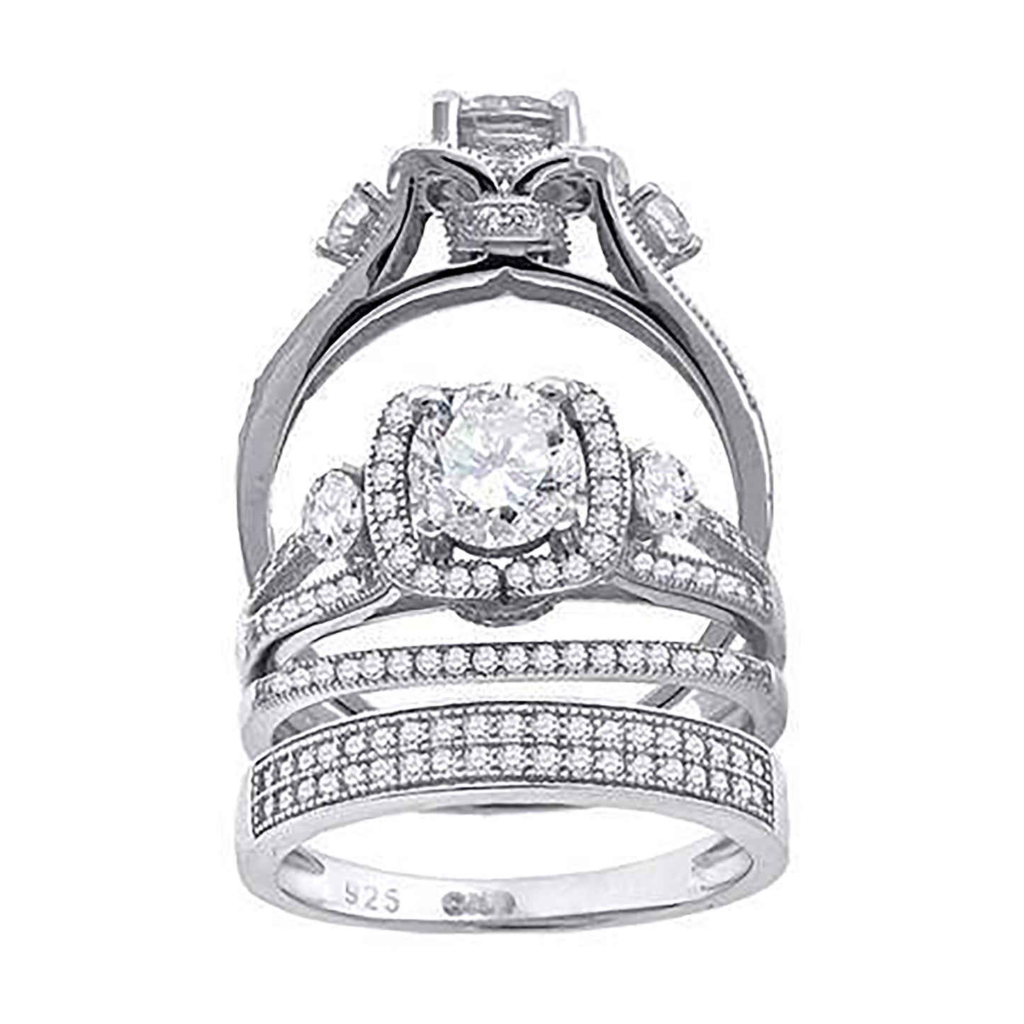 Sterling Silver Cubic Zirconia Trio Bridal Anniversary Wedding Engagement Band Ring Set