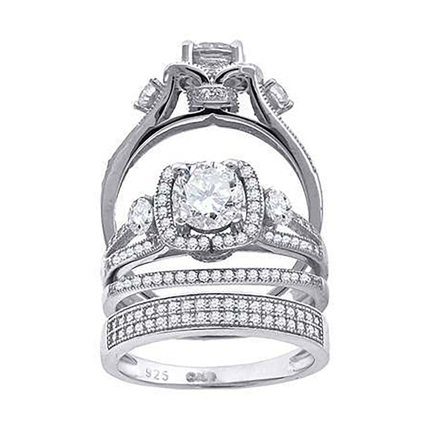 Sterling Silver Cubic Zirconia Trio Bridal Anniversary Wedding Engagement Band Ring Set