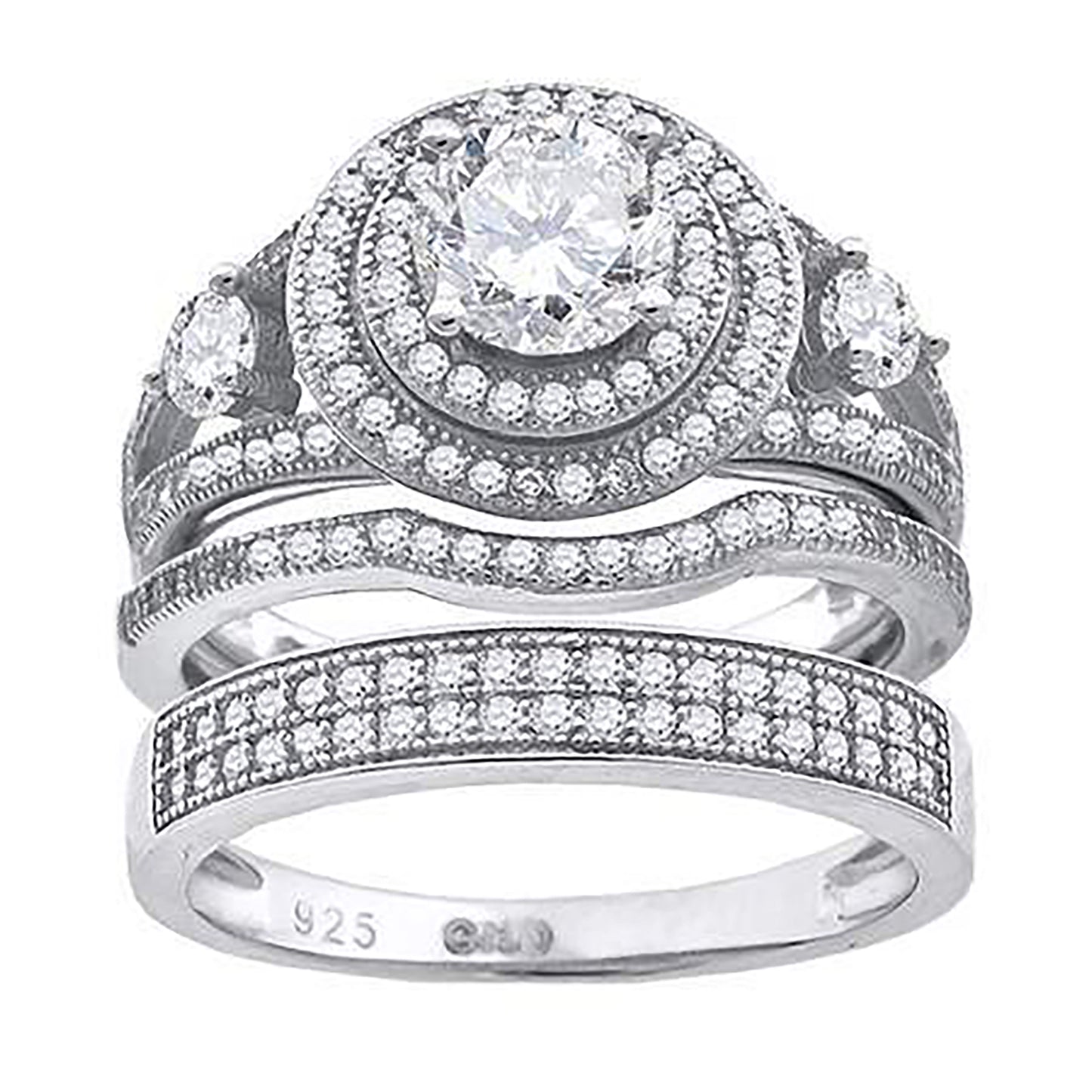Sterling Silver Cubic Zirconia Trio Bridal Anniversary Wedding Engagement Band Ring Set
