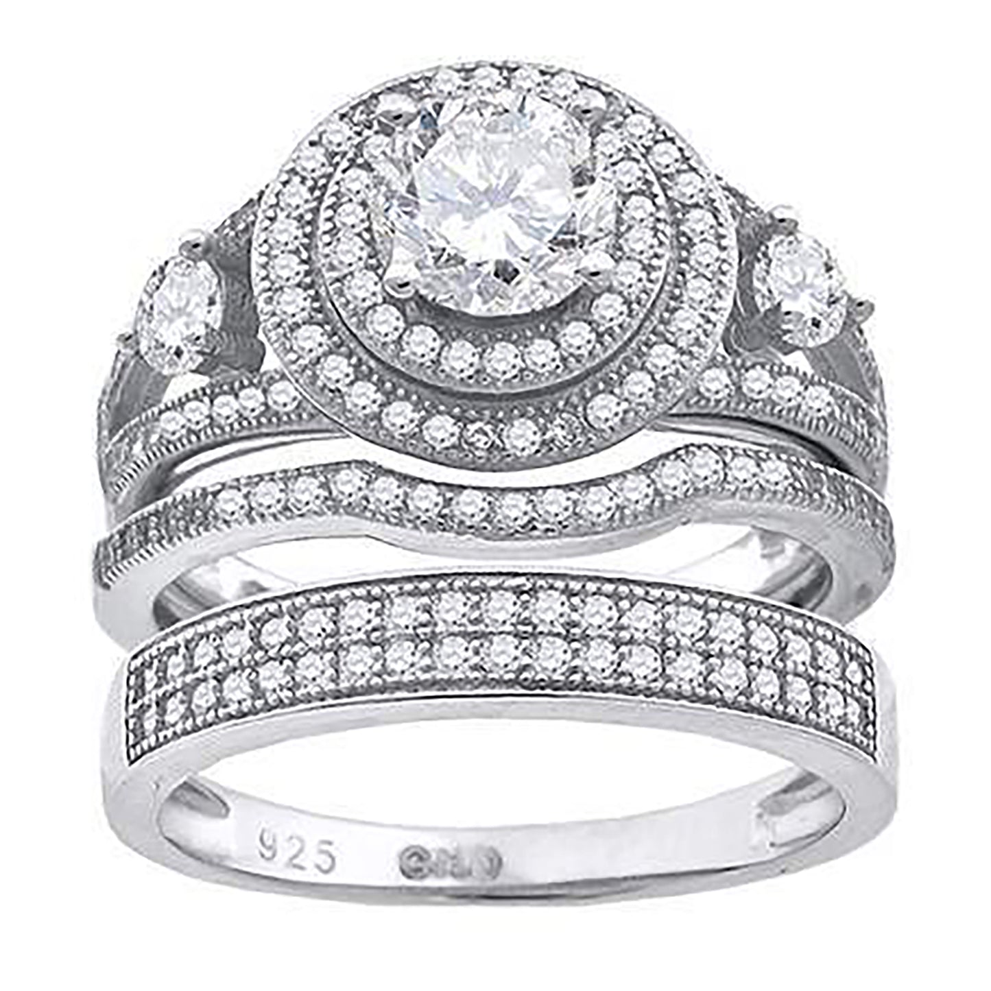 Sterling Silver Cubic Zirconia Trio Bridal Anniversary Wedding Engagement Band Ring Set