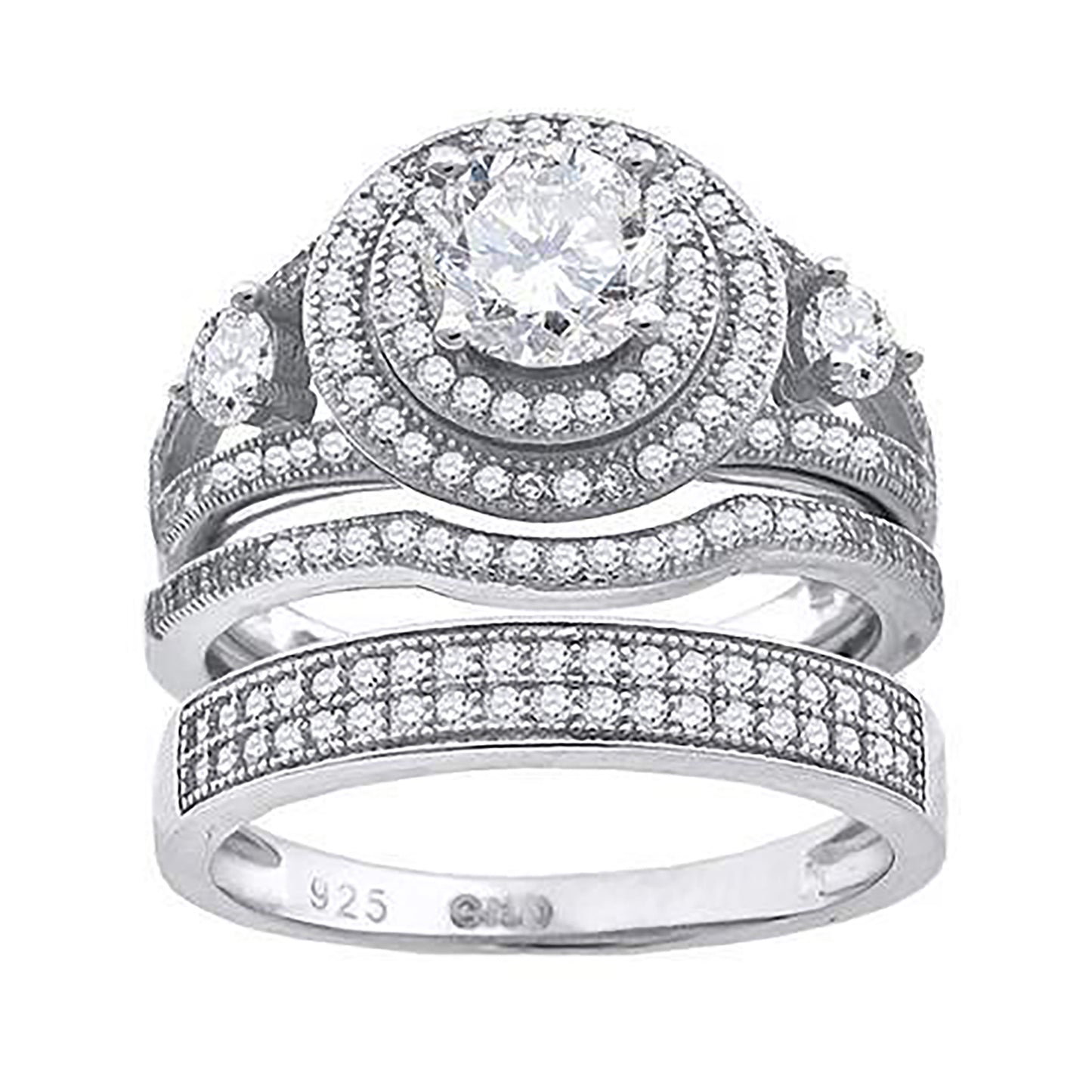 Sterling Silver Cubic Zirconia Trio Bridal Anniversary Wedding Engagement Band Ring Set