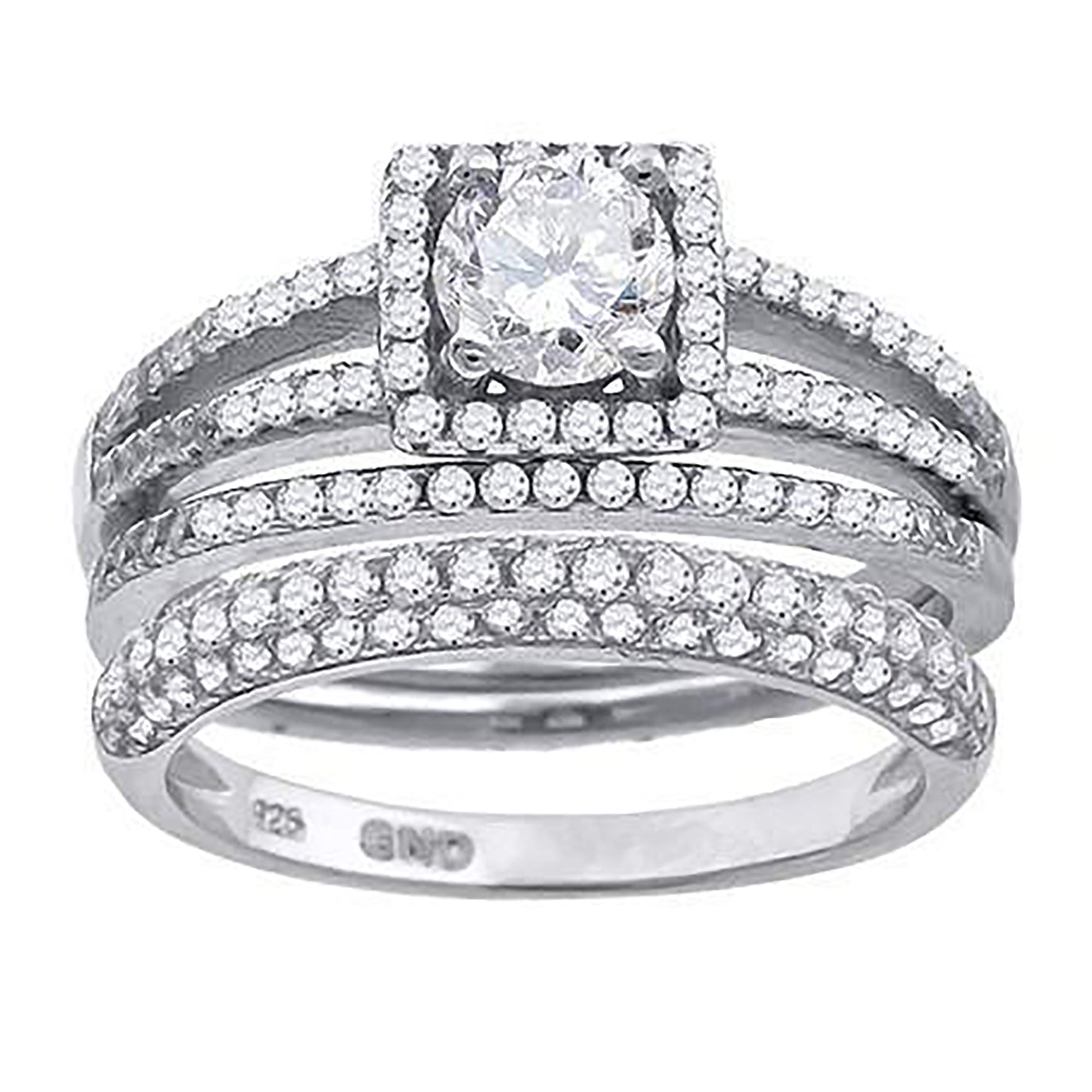 Sterling Silver Cubic Zirconia Trio Bridal Anniversary Wedding Engagement Band Ring Set