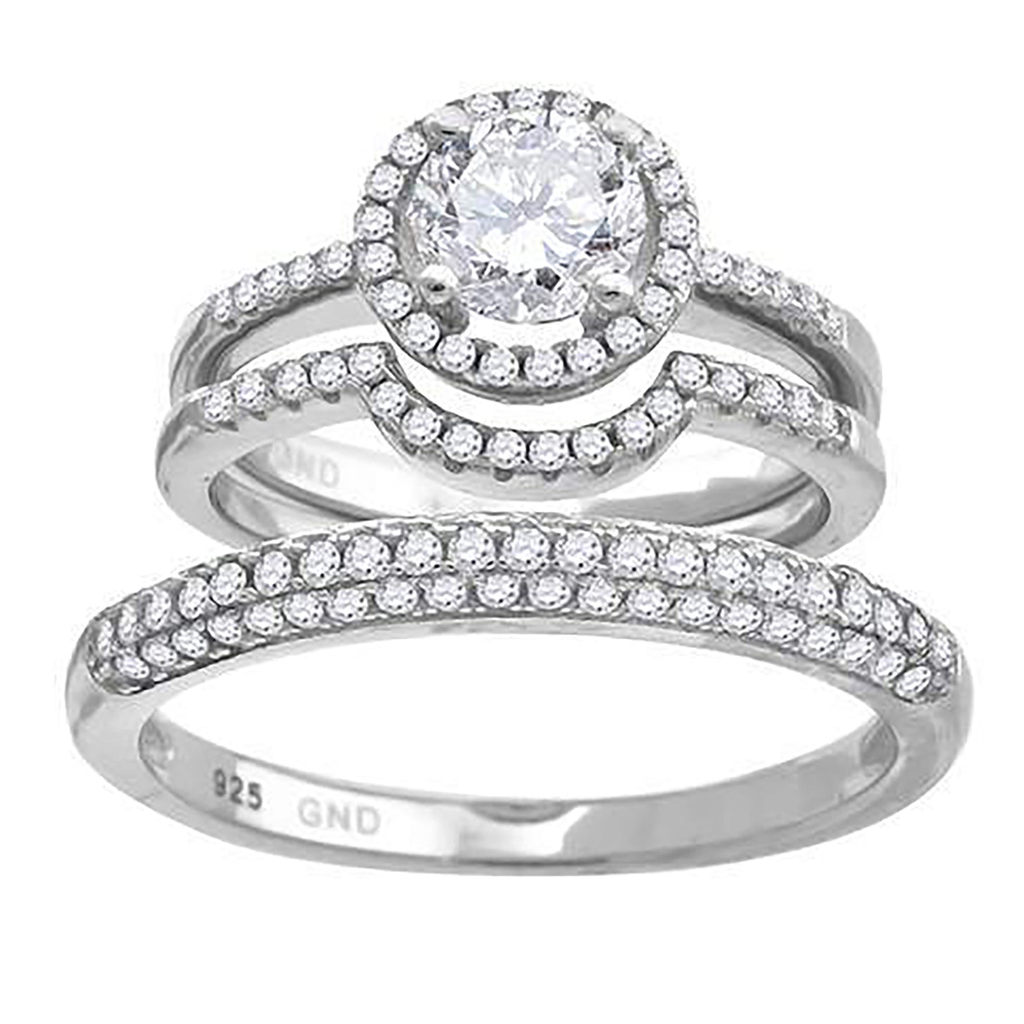 Sterling Silver Cubic Zirconia Halo Trio Bridal Anniversary Wedding Engagement Band Ring Set