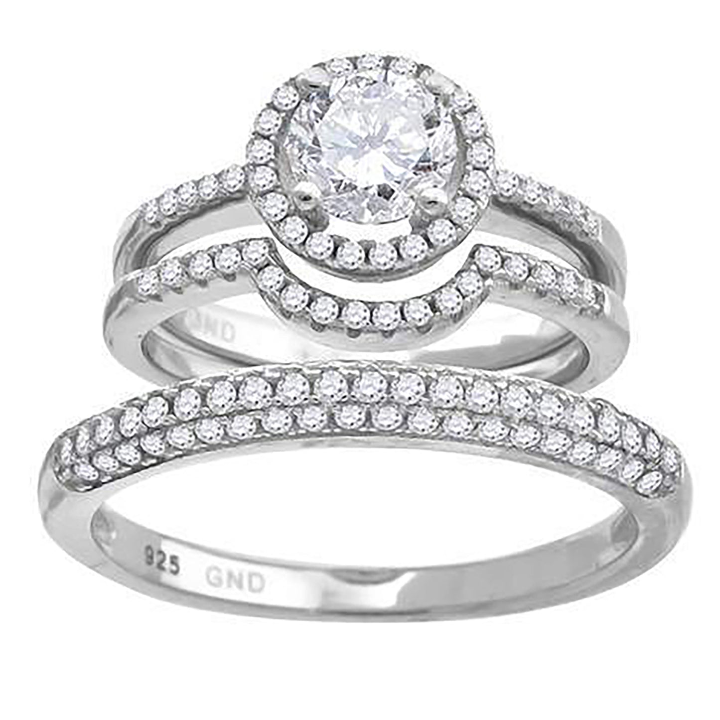 Sterling Silver Cubic Zirconia Halo Trio Bridal Anniversary Wedding Engagement Band Ring Set