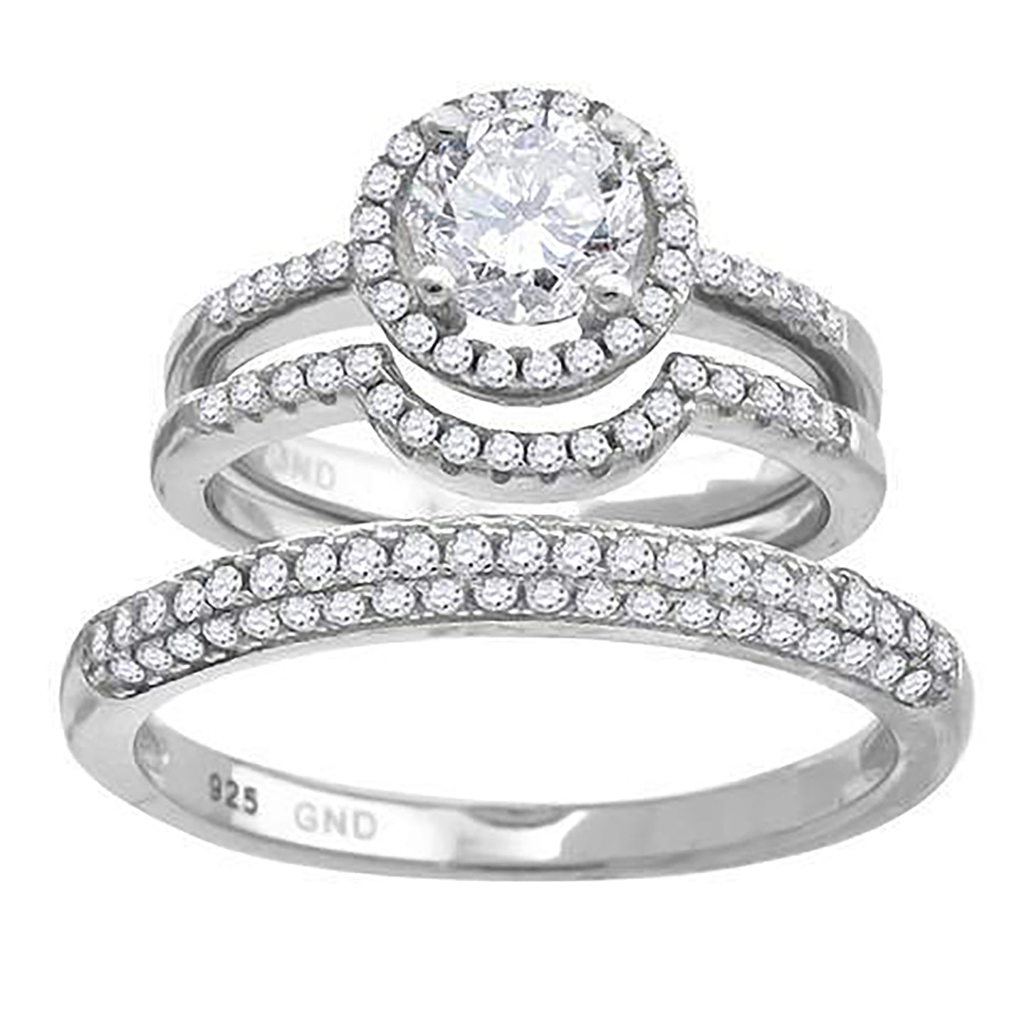 Sterling Silver Cubic Zirconia Halo Trio Bridal Anniversary Wedding Engagement Band Ring Set
