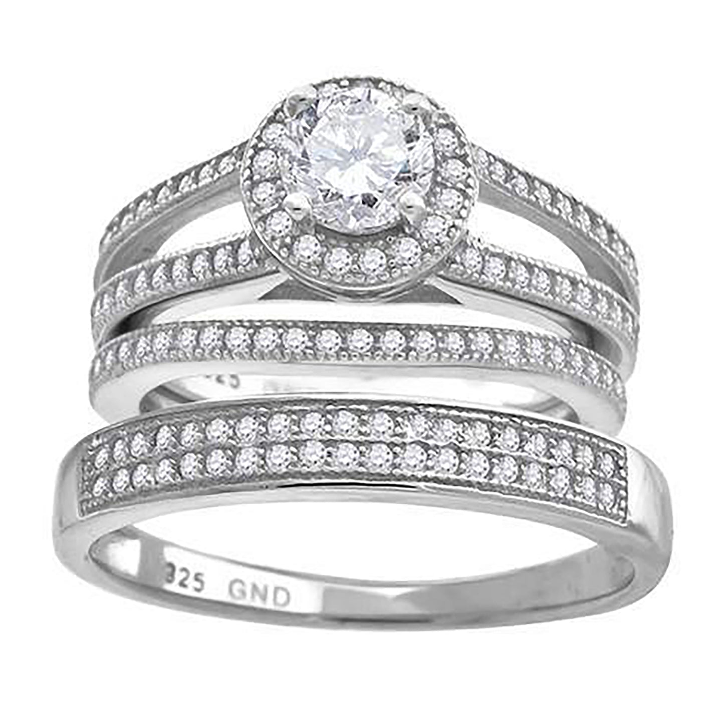 Sterling Silver Cubic Zirconia Halo Trio Bridal Anniversary Wedding Engagement Band Ring Set