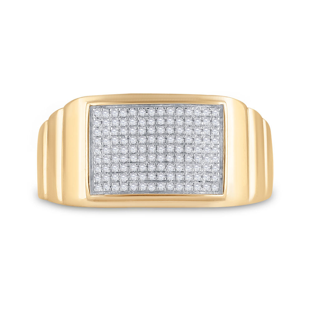 10K Yellow Gold Mens Round Diamond Ribbed Rectangle Cluster Ring 1/4 Cttw, Mens Size: 7-13