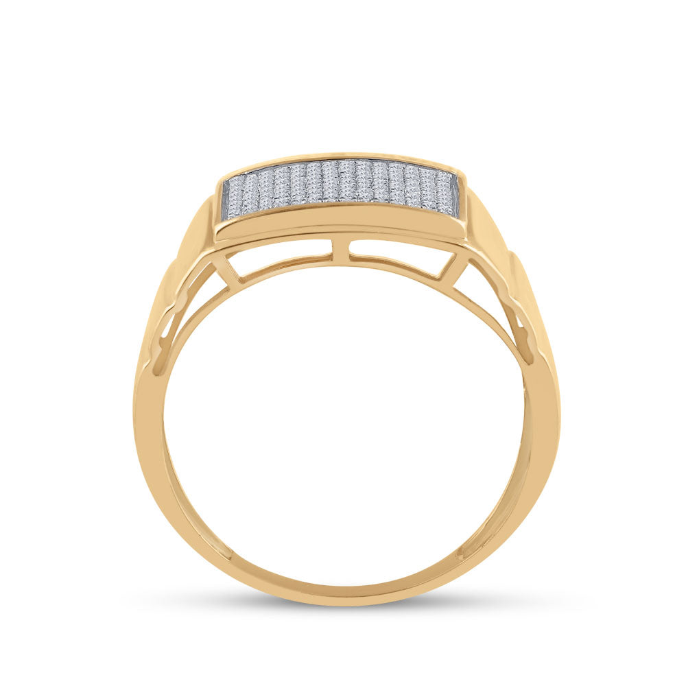 10K Yellow Gold Mens Round Diamond Ribbed Rectangle Cluster Ring 1/4 Cttw, Mens Size: 7-13
