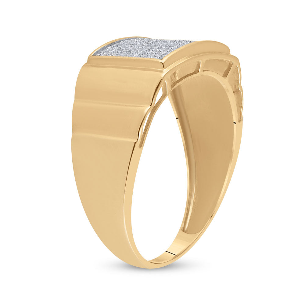 10K Yellow Gold Mens Round Diamond Ribbed Rectangle Cluster Ring 1/4 Cttw, Mens Size: 7-13