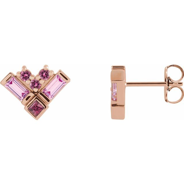 14K Rose Gold Pair Friction Back Polished Pink Multi-Gemstone Cluster Earrings