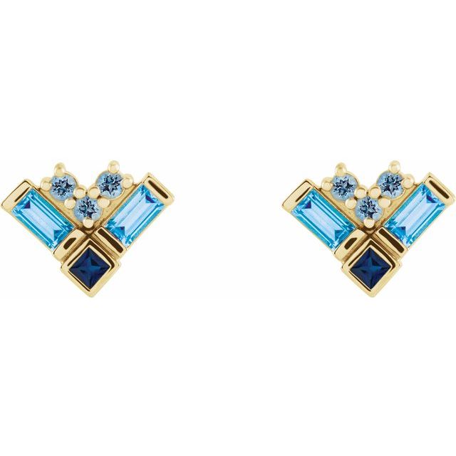 14K Yellow Gold Pair Friction Back Polished Natural Blue Multi-Gemstone Cluster Earrings