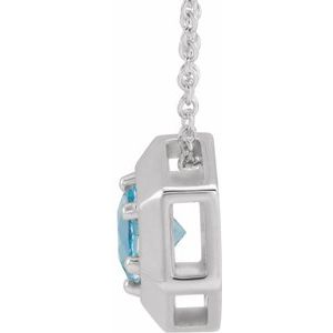 14K White Gold Round 5 Mm Natural Aquamarine Solitaire Geometric Necklace, Length: 18 In