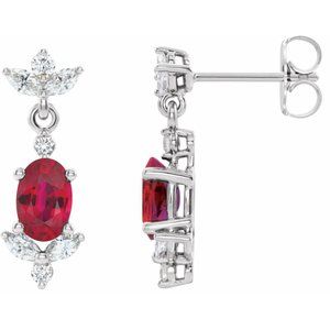 14K White Gold Oval 6 X 4 Mm Lab-Grown Ruby And 1/3 Ctw Natural Diamond Earrings
