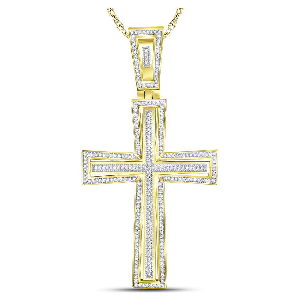 10K Yellow Gold Mens Round Diamond Cross Charm Pendant 3/4 Cttw, Length: 2.62 In, Width: 1.35 In