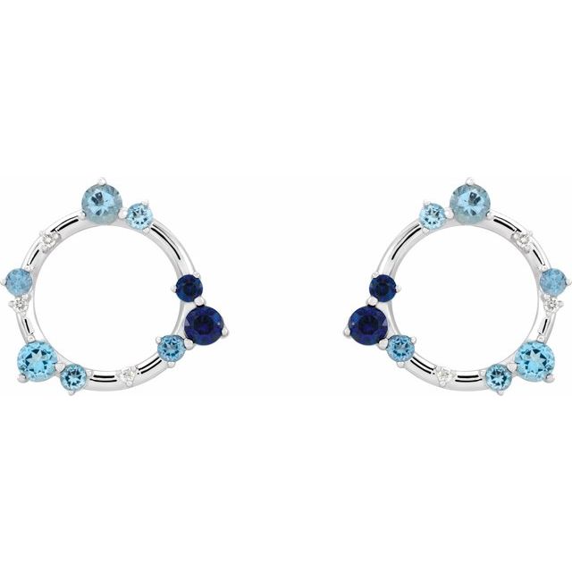 14K White Gold Round Friction Back Polished Natural Blue Multi-Gemstone And .03 Ctw Natural Diamond Circular Earrings