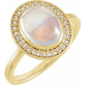 14K Yellow Gold Oval 10 X 8 Mm Natural Rainbow Moonstone And 1/8 Ctw Natural Diamond Halo-Style Ring Size 7