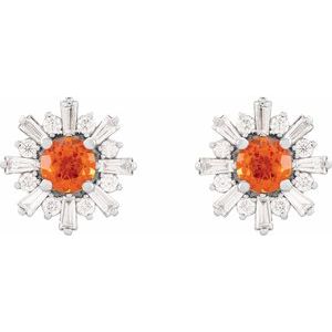 14K White Gold Round 5 Mm Natural Mexican Fire Opal And 3/4 Ctw Natural Diamond Earrings