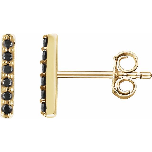 14K Yellow Gold 1.2 Mm Round Friction Back Polished 1/10 Ctw Natural Black Diamond Bar Earrings