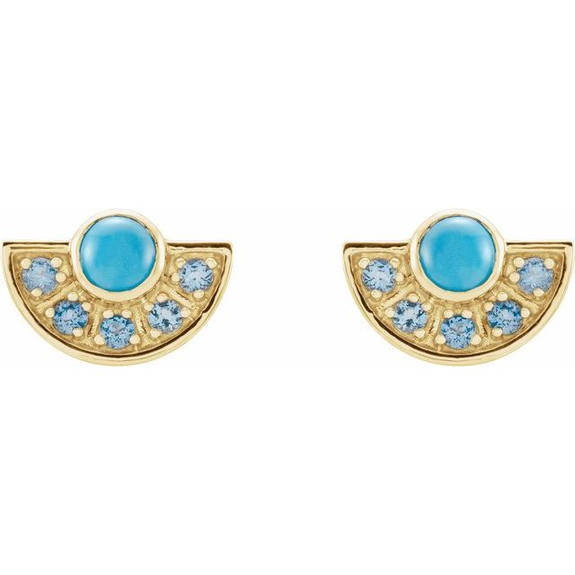 14K Yellow Gold 3.5 Mm Round Friction Back Polished Natural Turquoise And Aquamarine Fan Earrings