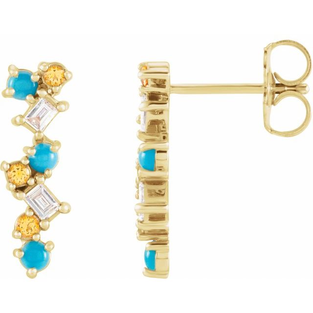 14K Yellow Or Yellow Gold Pair Friction Back Polished Natural Multi-Gemstone And 1/10 Ctw Natural Diamond Bar Earrings