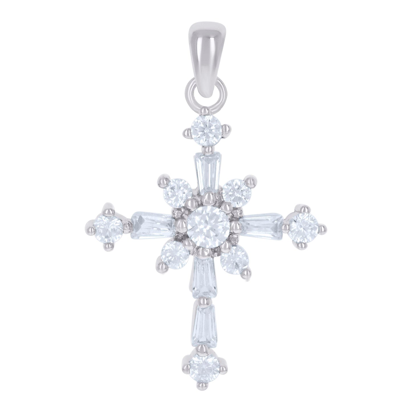 Sterling Silver Unisex Baguette Cubic Zirconia Cross Religious Charm Pendant