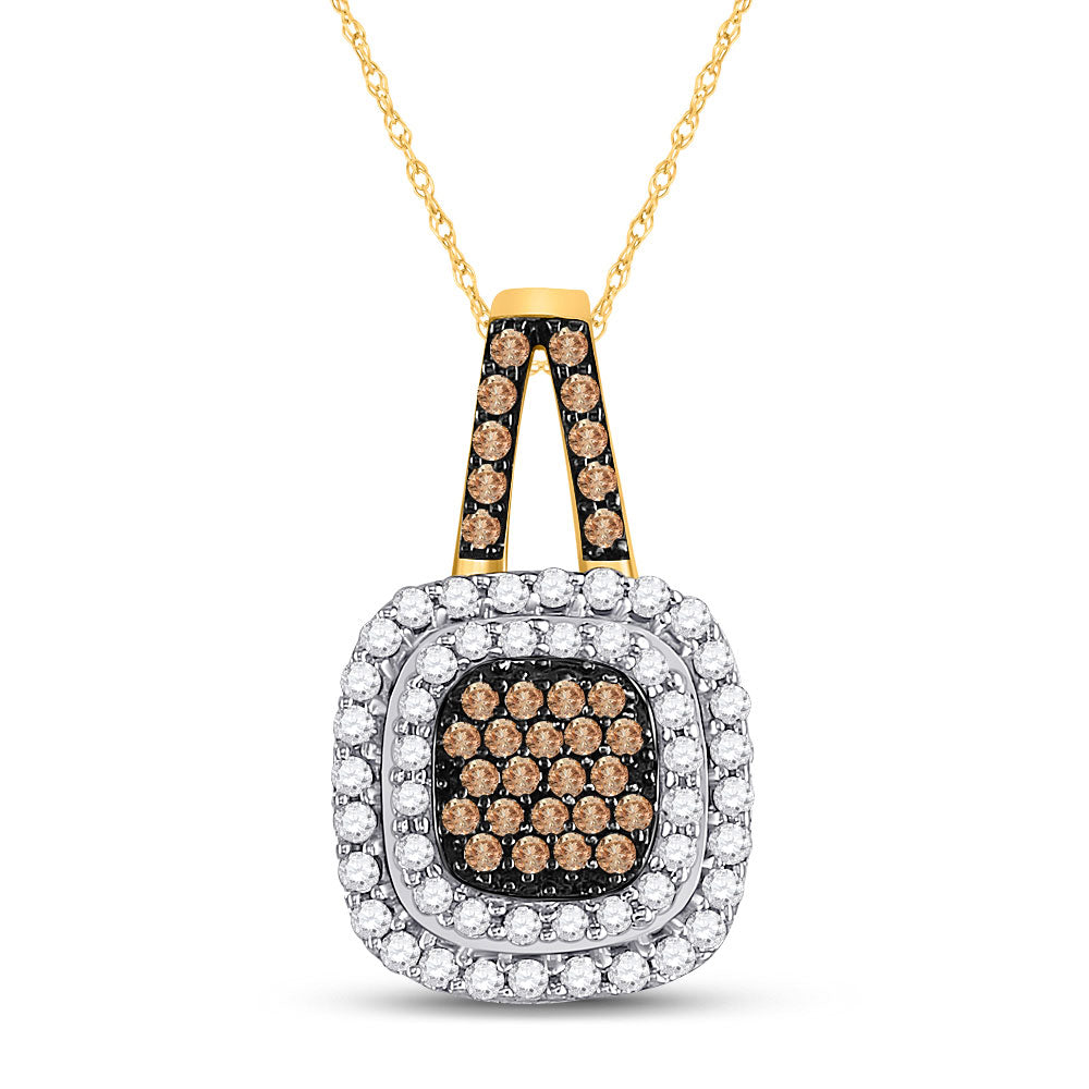 10K White Or Yellow Gold Womens Round Brown Diamond Square Frame Pendant