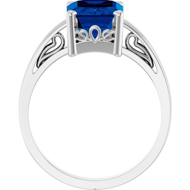 14K White Gold Emerald 9 X 7 Mm Polished Lab-Grown Blue Sapphire Scroll Setting Ring, Size 7
