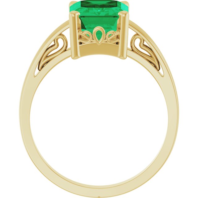 14K Yellow Gold Emerald 9 X 7 Mm Polished Lab-Grown Emerald Scroll Setting Ring, Size 7