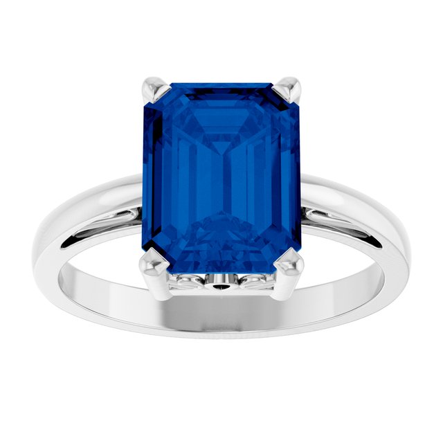 14K White Gold Emerald 9 X 7 Mm Polished Lab-Grown Blue Sapphire Scroll Setting Ring, Size 7