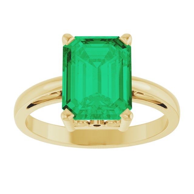 14K Yellow Gold Emerald 9 X 7 Mm Polished Lab-Grown Emerald Scroll Setting Ring, Size 7