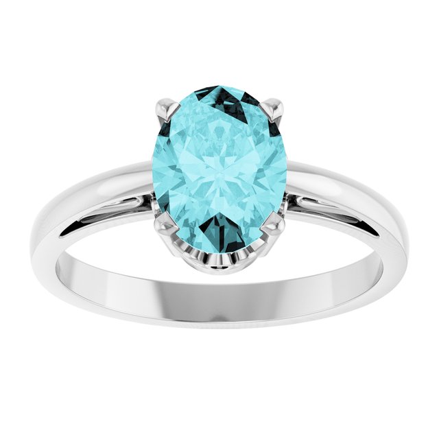 14K White Gold Oval 8 X 6 Mm Polished Natural Blue Zircon Solitaire Ring, Size 7