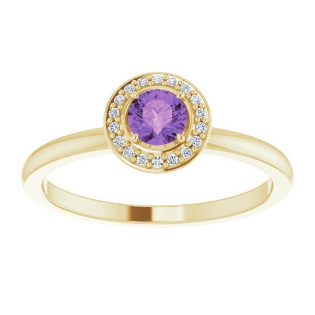 14K Yellow Gold Round 4 Mm Polished Natural Amethyst And .05 Ctw Natural Diamond Halo-Style Ring, Size 7