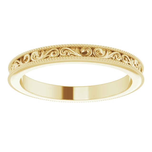 14K Yellow Gold Or Platinum 2.5 Mm Polished Milgrain Sculptural Standard-Fit Band With Bead Blast Finish