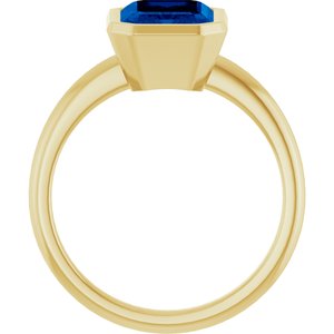 14K Yellow Gold Emerald Shape 9 X 7 Mm Lab-Grown Blue Sapphire Ring Size 7