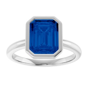 14K White Gold Emerald Shape 9 X 7 Mm Lab-Grown Blue Sapphire Ring Size 7