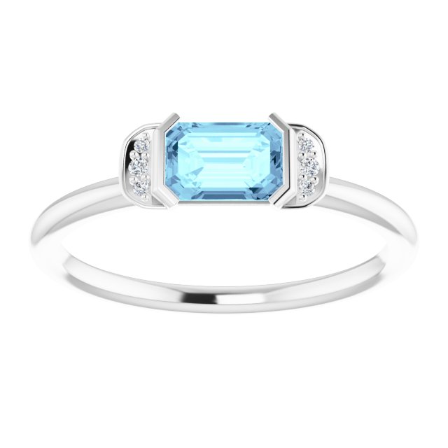 14K White Gold Emerald 6 X 4 Mm Polished Natural Aquamarine And .02 Ctw Natural Diamond Stackable Ring, Size 7