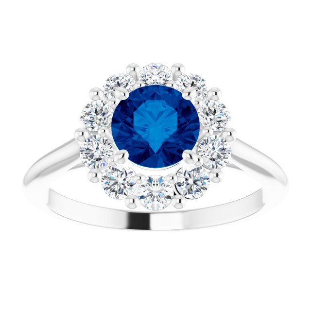 Platinum Round 6 Mm Polished Lab-Grown Blue Sapphire And 1/2 Ctw Natural Diamond Ring, Size 7