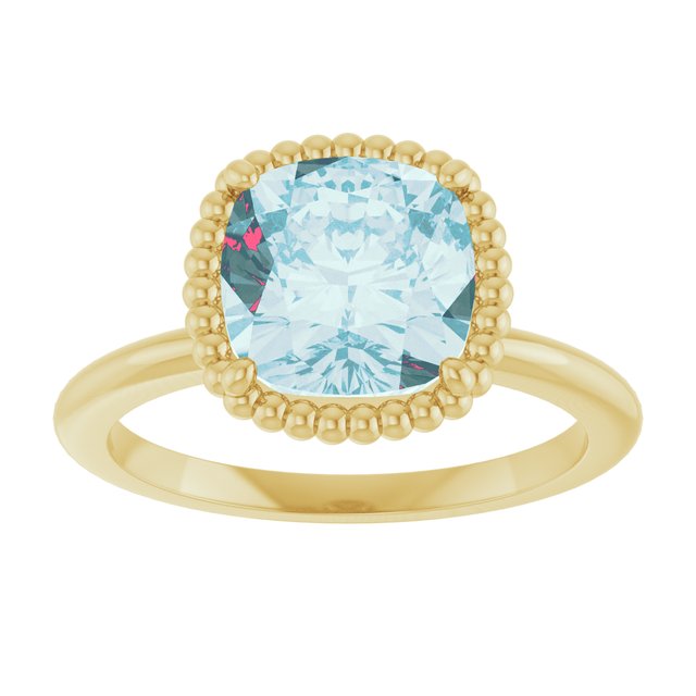 14K Yellow Gold Cushion 8 X 8 Mm Polished Natural Sky Blue Topaz Ring, Size 7