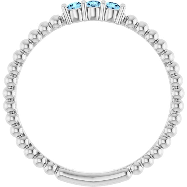 14K White Gold Or Sterling Silver Round 2 Mm Polished Natural Aquamarine Beaded Ring, Size 7
