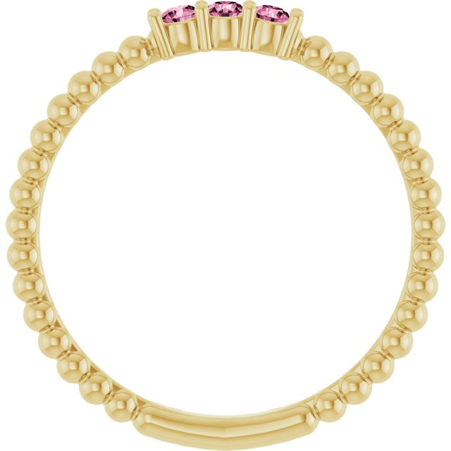 14K Yellow Gold Round 2 Mm Polished Natural Pink Tourmaline Beaded Ring, Size 7