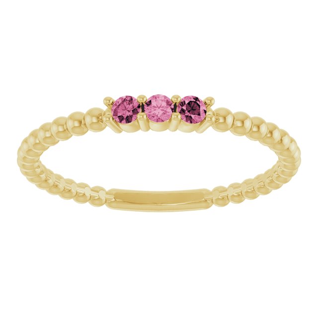 14K Yellow Gold Round 2 Mm Polished Natural Pink Tourmaline Beaded Ring, Size 7