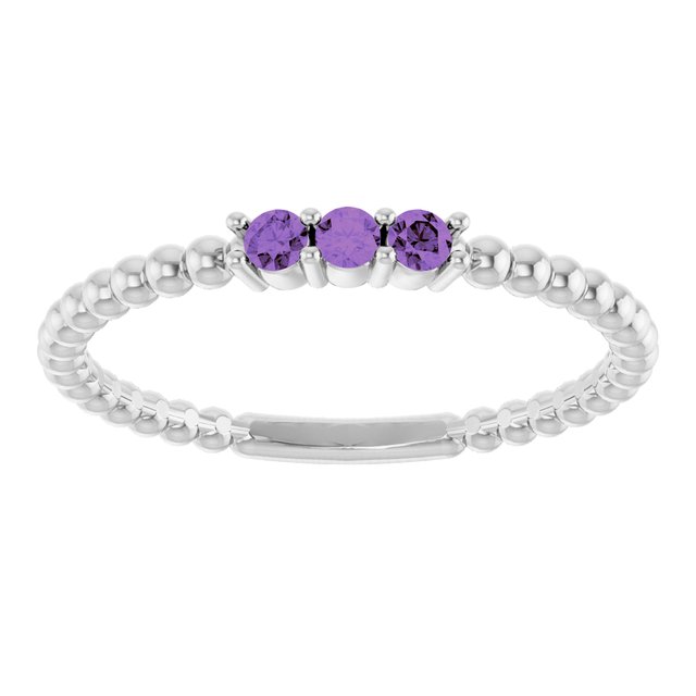 14K White Gold Round 2 Mm Polished Natural Amethyst Beaded Ring, Size 7